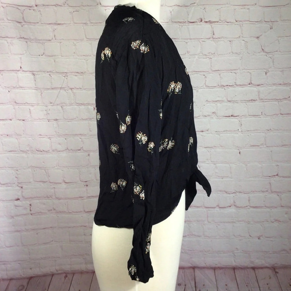 Reformation Navy Blue Floral Long Sleeve Tie Front Top - Size XS - Picture 4 of 7